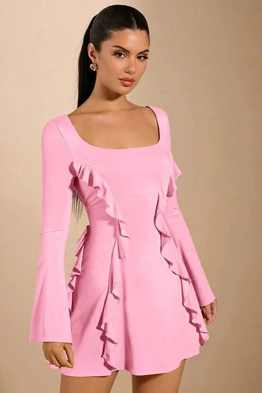 Lace-Up Backless Mini Dress with Patchwork and Flare Sleeves