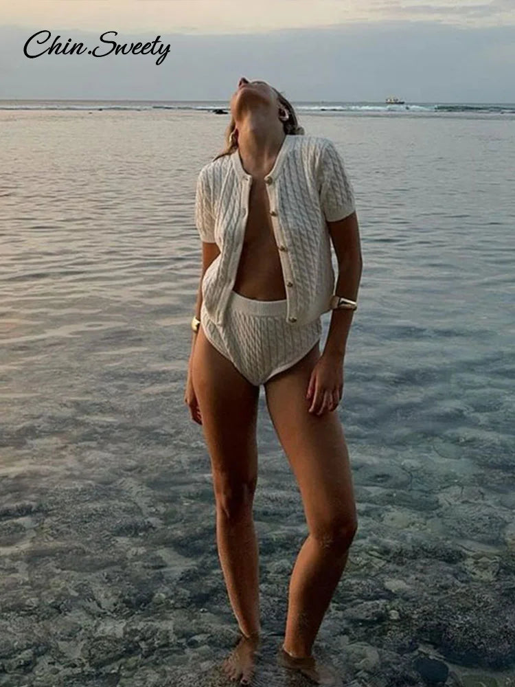 Knitted Single Breasted Cardigans Women Solid O-neck Short Sleeve Ribbed Sweaters Female  Fashion New Slim Ladies Casual Top