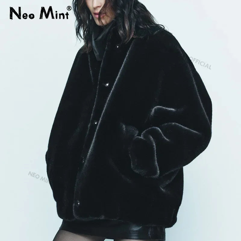 Oversized Plush Coat Women  Winter Thick Warm Padded Faux Rabbit Fur Jacket Teen Girls Chunky Furry Bomber Jackets