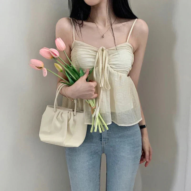 Voguable  Korean Style Sweet Fluffy Camis A-line Lace-up Double Layers Crop Top Y2K Aesthetic Tank Tops Holiday Cute Vest Women
