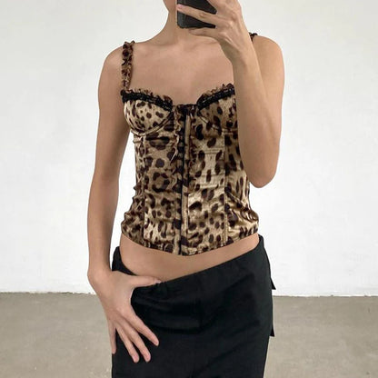 Y2K Leopard Print Square Collar Tank Top Lace Patchwork Lettuce Trim Hook Crop Tops Vintage Lady Fashion Streetwear