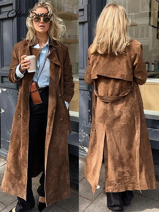Elegant Suede Long Trench Coat Women Belt Double Breasted Full Sleeve Brown Windbreaker  Autumn Lady Street Outwears New