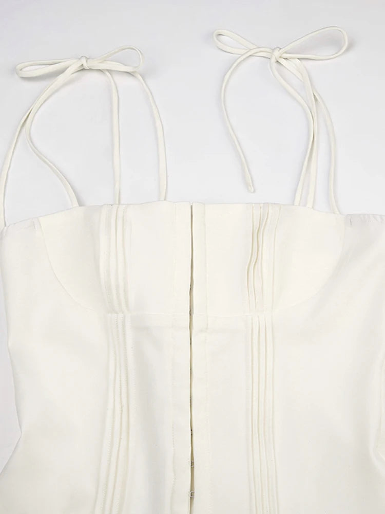 Sweet French Style White Spaghetti Straps A Line Pleated Dresses For Women Front Hook Closure Fit And Flare Mini Dress