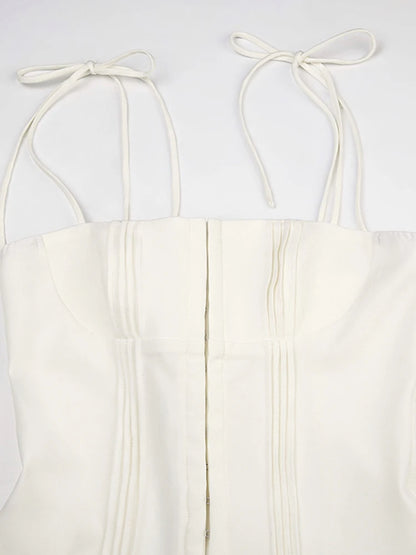 Sweet French Style White Spaghetti Straps A Line Pleated Dresses For Women Front Hook Closure Fit And Flare Mini Dress