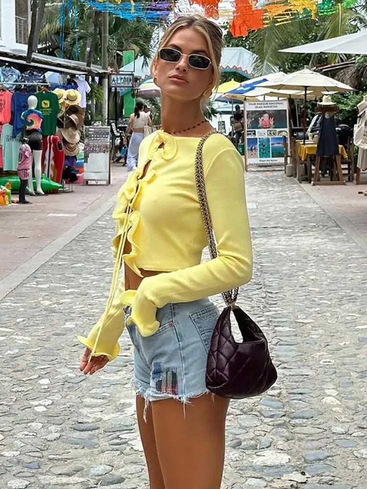 Elegant Slim Ruffle Lace Up Blouse Women Vintage Patchwork Hollow Out Short Cardigan Female Autumn Fashion Street Knitwear