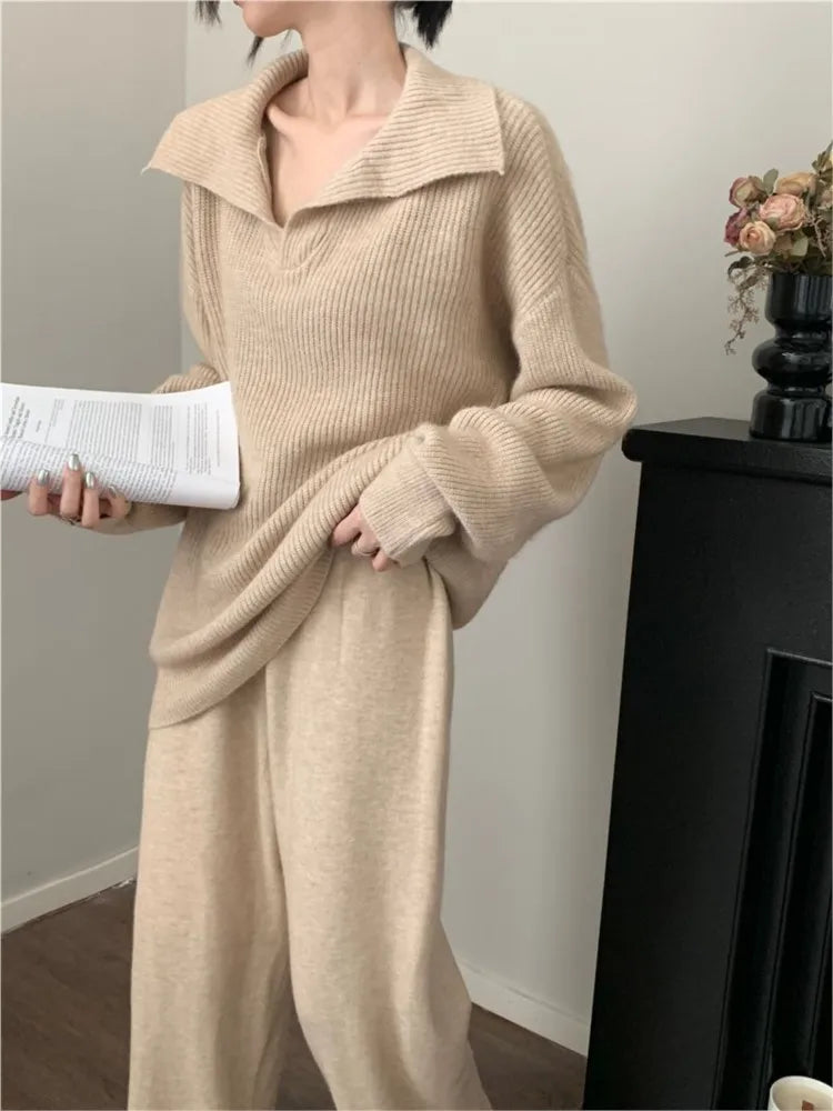 Autumn Winter Women’s Knitted 2-piece Set Lapel Pullover Sweater Long Pants Korean Fashion Casual Female Clothing Knitwear New