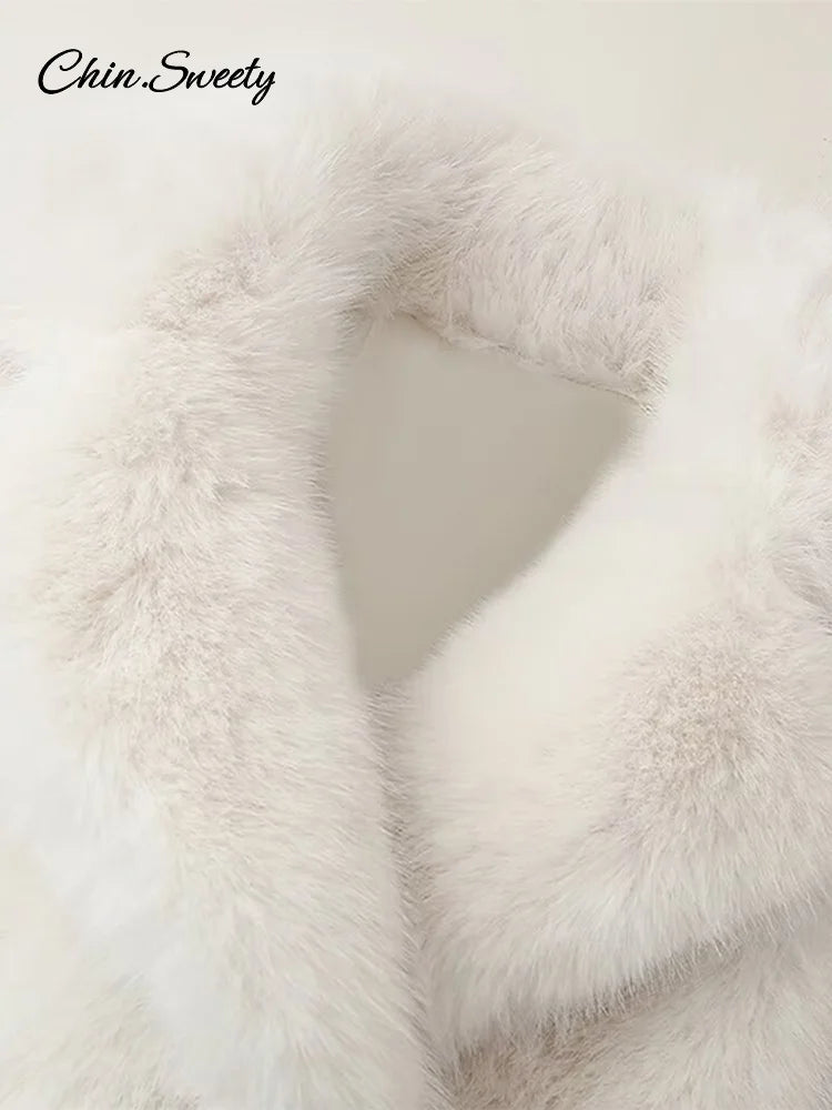 Fluffy Faux Fur Coat Women Elegant Loose Lapel Plush Long Sleeve Buckle Thick Jacket  Autumn Winter Solid Warm Overcoat New