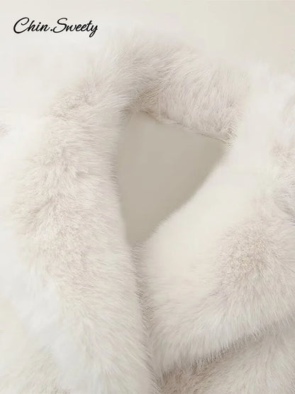 Fluffy Faux Fur Coat Women Elegant Loose Lapel Plush Long Sleeve Buckle Thick Jacket  Autumn Winter Solid Warm Overcoat New