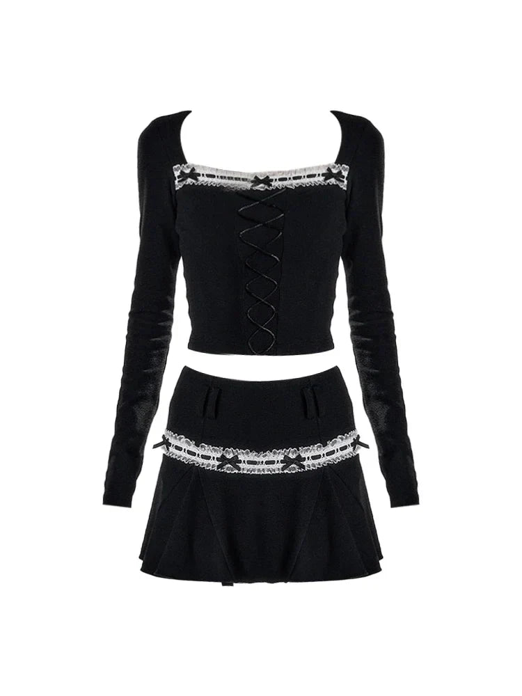 Voguable Dark Academia Y2k 2000s Aesthetic Rave Night Club Outfits 2 Piece Set Long Sleeve T-Shirts Crop Tops + Mini Pleated Skirts