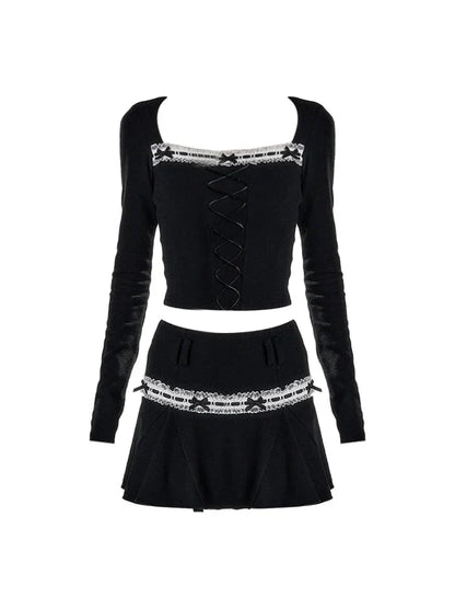 Voguable Dark Academia Y2k 2000s Aesthetic Rave Night Club Outfits 2 Piece Set Long Sleeve T-Shirts Crop Tops + Mini Pleated Skirts