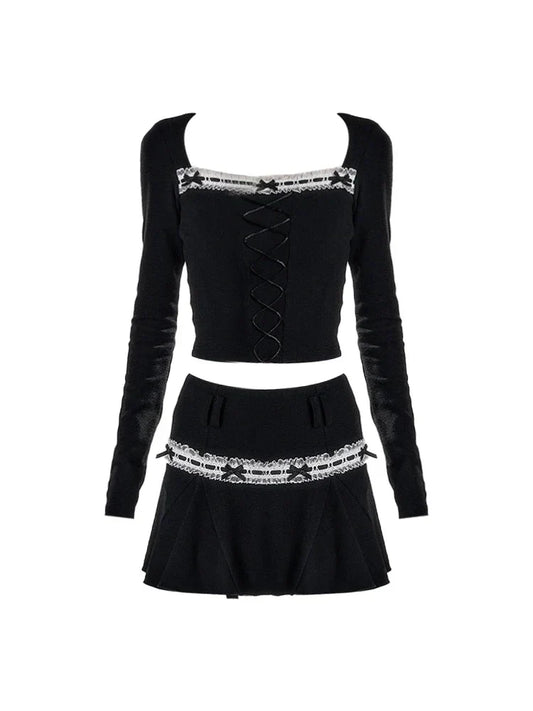 Voguable Dark Academia Y2k 2000s Aesthetic Rave Night Club Outfits 2 Piece Set Long Sleeve T-Shirts Crop Tops + Mini Pleated Skirts