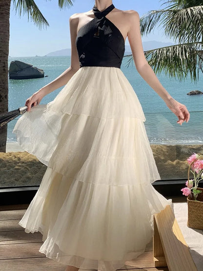 Elegant Patchwork Ruffles Cake Dresses for Women Halter Sleeveless Backless Evening Party Dress Prom A-line One Piece Vestido