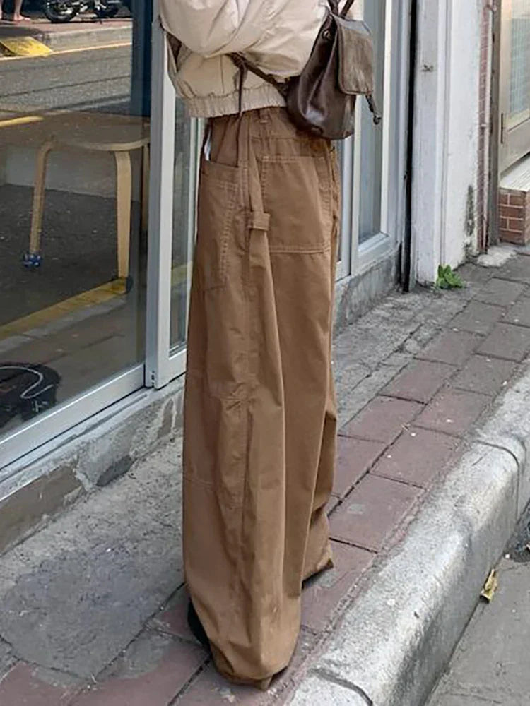 Women Plain Spliced Wide Leg Cargo Pants Big Pockets Drawstring Low Waist Loose Draped Sweatpants Lounge Casual Streetwear
