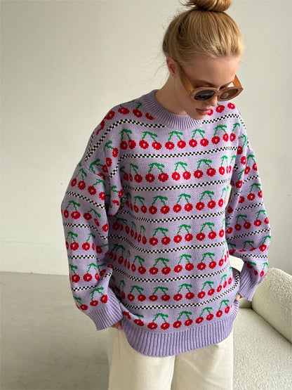 Printed Knit Sweater Pullover For Women Loose Patchwork Contrast Long Sleeve Vintage Fashion Top Knitwear Women’s Pullover