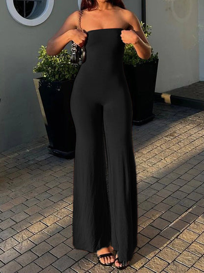 Black Solid Strapless Elegant Long Jumpsuits For Women Slim Wide Leg Flared Rompers Simple Fashion Vacation Overalls