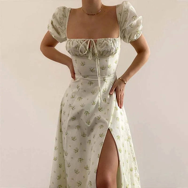 Split Short Sleeve A Line Floral Dress