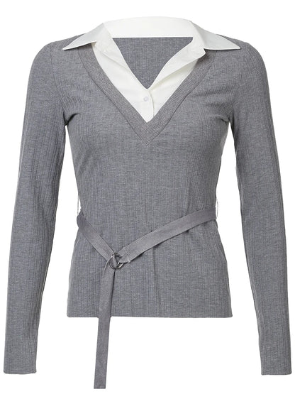 Gray Ribbed Slim Basic Long Sleeve Tee With Belts Contrast Patchwork Turn Down Collar Pullover Top T Shirt Women Autumn Winter