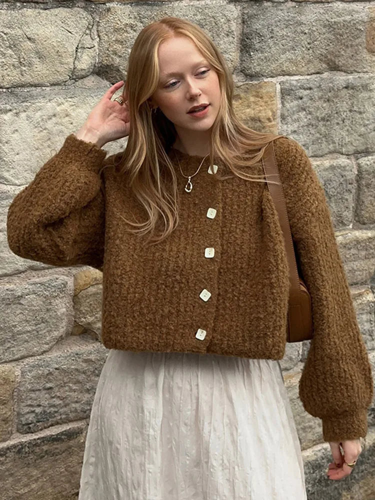 Retro Plush Single Breasted Cardigan Women Elegant Loose Solid O-neck Short Sweaters Female Winter Autumn Chic Street Knitwear