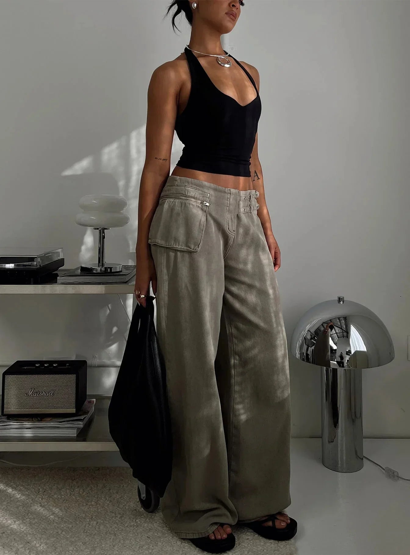 Pocket Adjustable Waist Wide Leg Pant Women Low Rise Waist Baggy Denim Trouser Streetwear Fashion Vintage Jeans Femme Summer New