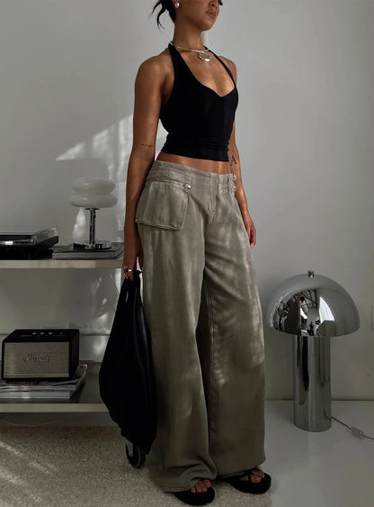 Pocket Adjustable Waist Wide Leg Pant Women Low Rise Waist Baggy Denim Trouser Streetwear Fashion Vintage Jeans Femme Summer New