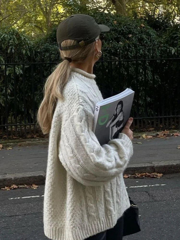 Casual Knitted Long Sleeve Sweaters Women Loose White Half High Neck Pullover Sweater Female Autumn Simple Chic High Street Tops