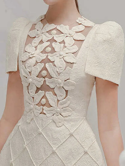 Elegant Short Dress European Style 3D Floral O Neck Hollow Nail Bead Fashion Tide Dresses For Women 2025 Spring Summer 1346