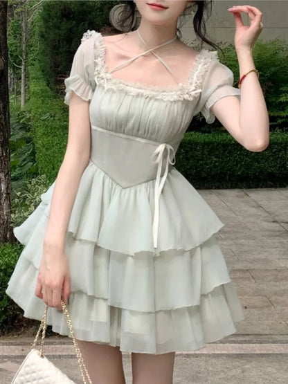 Y2K Princess Birthday Party Dress Lace Patchwork Short Dresses for Women Puff Sleeves Ruffles A-line Cake Vestido Mujer  New