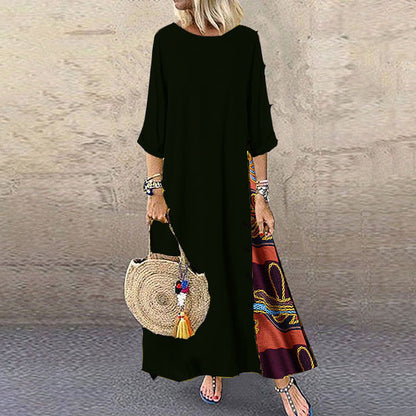 Cotton Linen Vintage Long Dresses Women Three Quarter Sleeves Splicing Print Loose A-line Dress Fashion Casual Lady Maxi Vestido