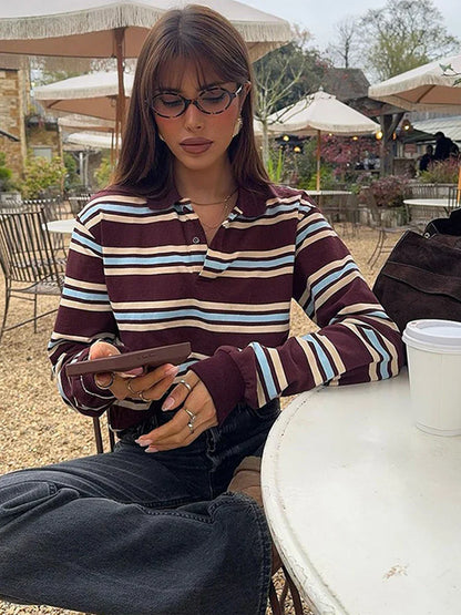 Fashion Stripe Women's T-shirt Casual Short Sleeve Female All Match Polo Shirts Summer New Ladies Loose Tops High Street