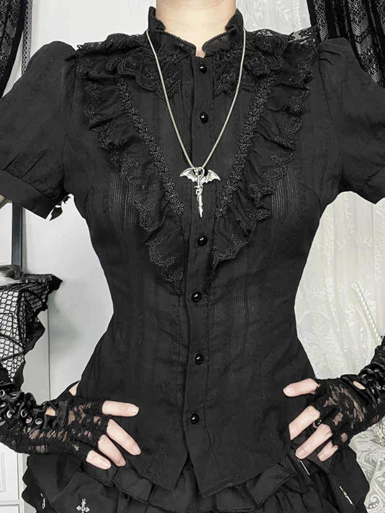 Vintage Jacquard Puff Sleeve Blouse