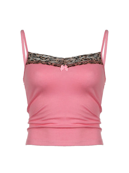 Sweetown Pink Sweet Cute Camisole Leopard Contrast Patchwork Y2K Crop Top For Women Sleeveless Slim Kawaii 2000s Tank Vest