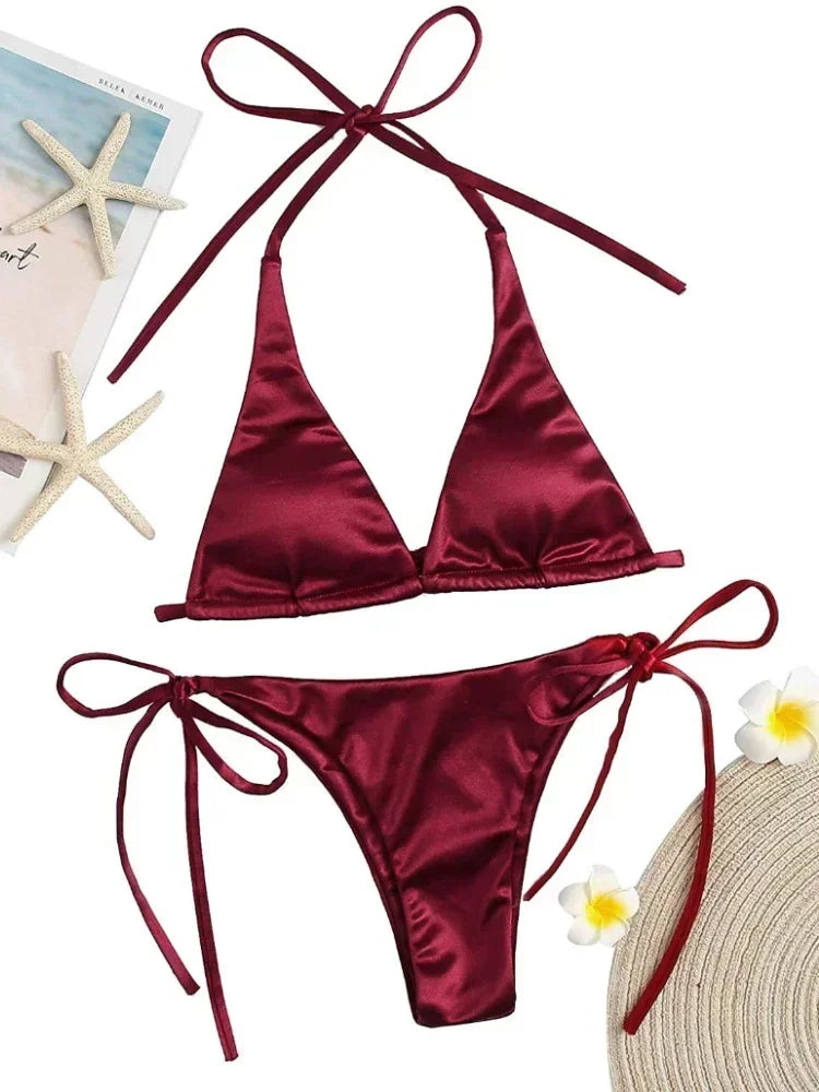 Bikini Satin Silk Swimsuit Women Swimwear Push Up Set Brazilian Bathing Suit Summer Two Pieces Self-tie Beach Wear Swimsuit