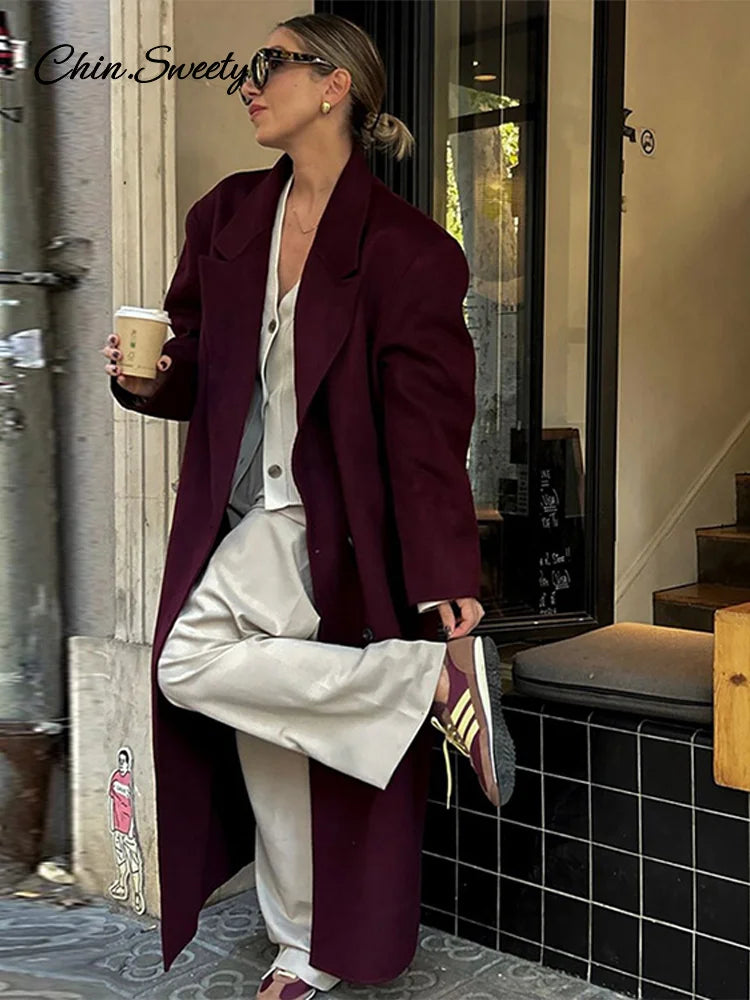 Fashion Burgundy Red Woolen Long Coat Women Oversized Shoulder Pads Full Sleeve Double Breasted Overcoats Autumn Lady Streetwear