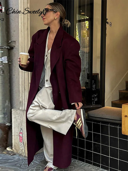 Fashion Burgundy Red Woolen Long Coat Women Oversized Shoulder Pads Full Sleeve Double Breasted Overcoats Autumn Lady Streetwear
