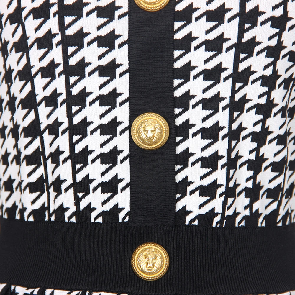 Julien Houndstooth Dress with Gold Buttons