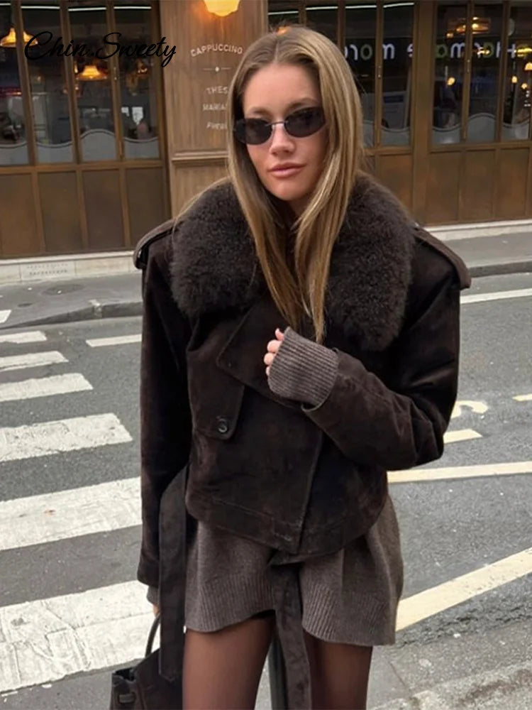 Vintage Cropped Suede Jacket Women Lapel Fur Collar Lace Up Long Sleeve Coat Female  Winter Fashion Lady High Street Outwear