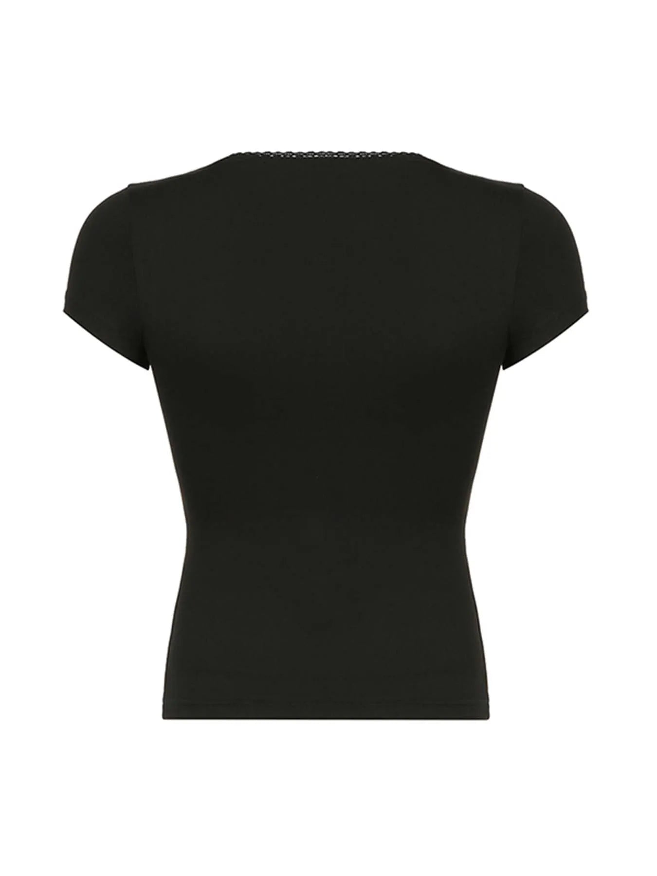 Black Solid Slim Elegant Basic Short Sleeve Tees Lace Trim Cute Y2K V Neck White T Shirts Women Summer Streetwear Tops