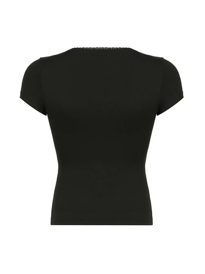 Black Solid Slim Elegant Basic Short Sleeve Tees Lace Trim Cute Y2K V Neck White T Shirts Women Summer Streetwear Tops