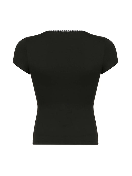 Black Solid Slim Elegant Basic Short Sleeve Tees Lace Trim Cute Y2K V Neck White T Shirts Women Summer Streetwear Tops