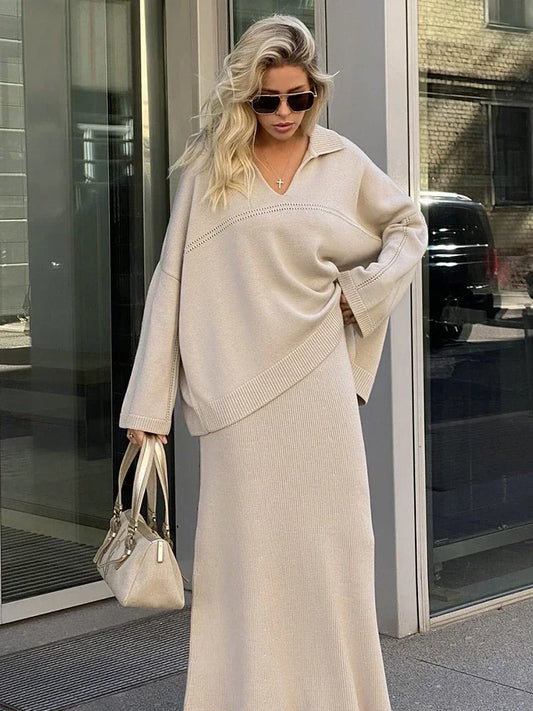 Solid Loose Sweater Suit Female Fashion V-Neck Knit Pollover Top Long Skirt High Waist Autumn Winter Skirt 2 Piece Set