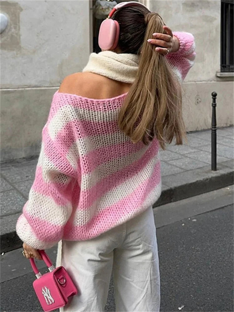 Knit Sweater Pullover Female Striped Hollow Out Loose Contrast Long Sleeve Patchwork Autumn  Knitwear Women&#8217;s Sweater