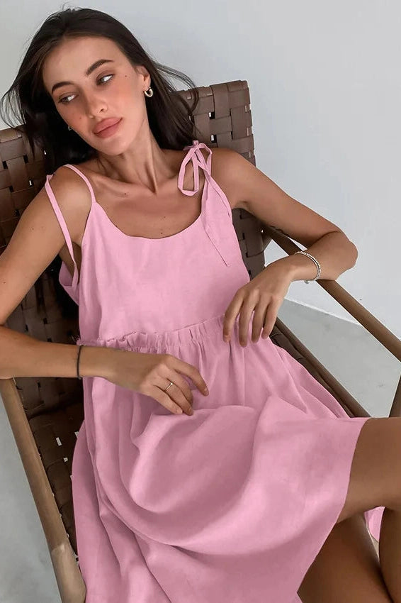 Spaghetti Strap Loose Mini Dress with Lace Up Detail