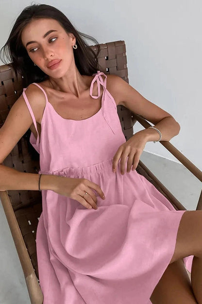 Spaghetti Strap Loose Mini Dress with Lace Up Detail