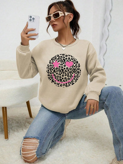 Leopard Print Smile Face Love Printed Sweatshirt Womens Autumn Soft Hoody Fleece Warm Hoodies Street All-Match Female Pullover