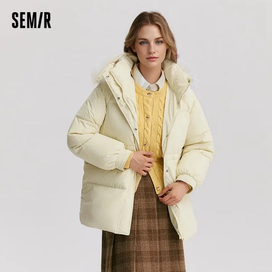Down Jacket Women Mid-Length Fur Collar Hooded Warm  Winter New Temperament Loose Waterproof Windproof Down Jacket