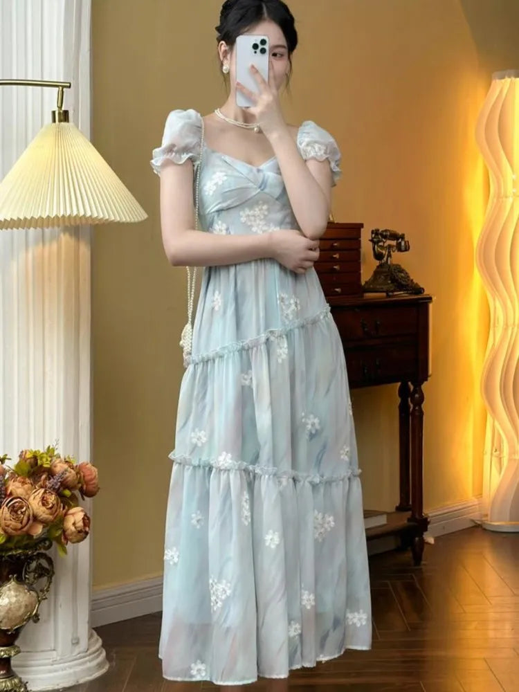 French Vintage Floral Ruffles Midi Dresses for Women Lace Square Collar Puff Sleeve Elegant Princess Birthday Party Dress New