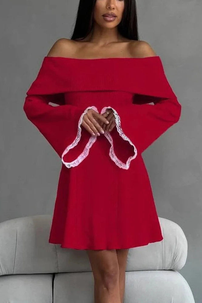 Off-Shoulder Mini Dress with Lace Detail and Flare Sleeves