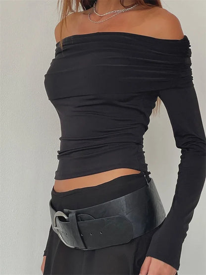 FashionSierra - 2025 Y2K Off Shoulder Sexy Long Sleeve Slim Fit Basic Solid Long Sleeve Solid Color T Clubwear Tee