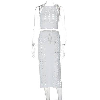 Slim Hollow Out Skirt Suit Knitted For Women Sleeveless Strapless Top Summer New High Waisted Lace Up Split Long Skirt