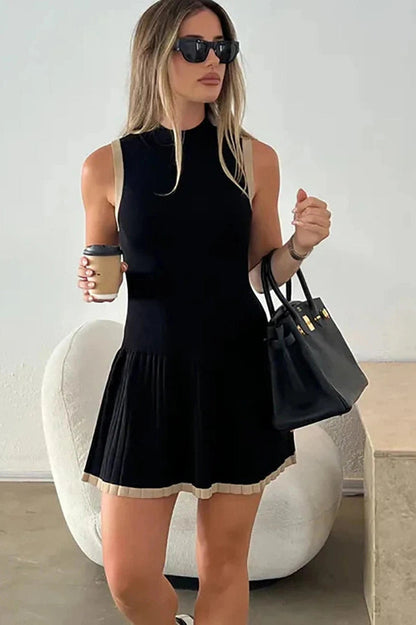Sleeveless Pleated High Waist Slim Mini Dress